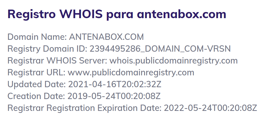 Consulta whois site antena Box